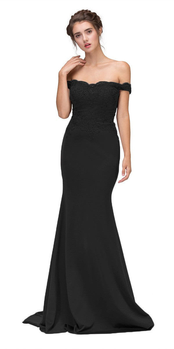 Black off-shoulder long dress with lace appliqué bodice and flared skirt