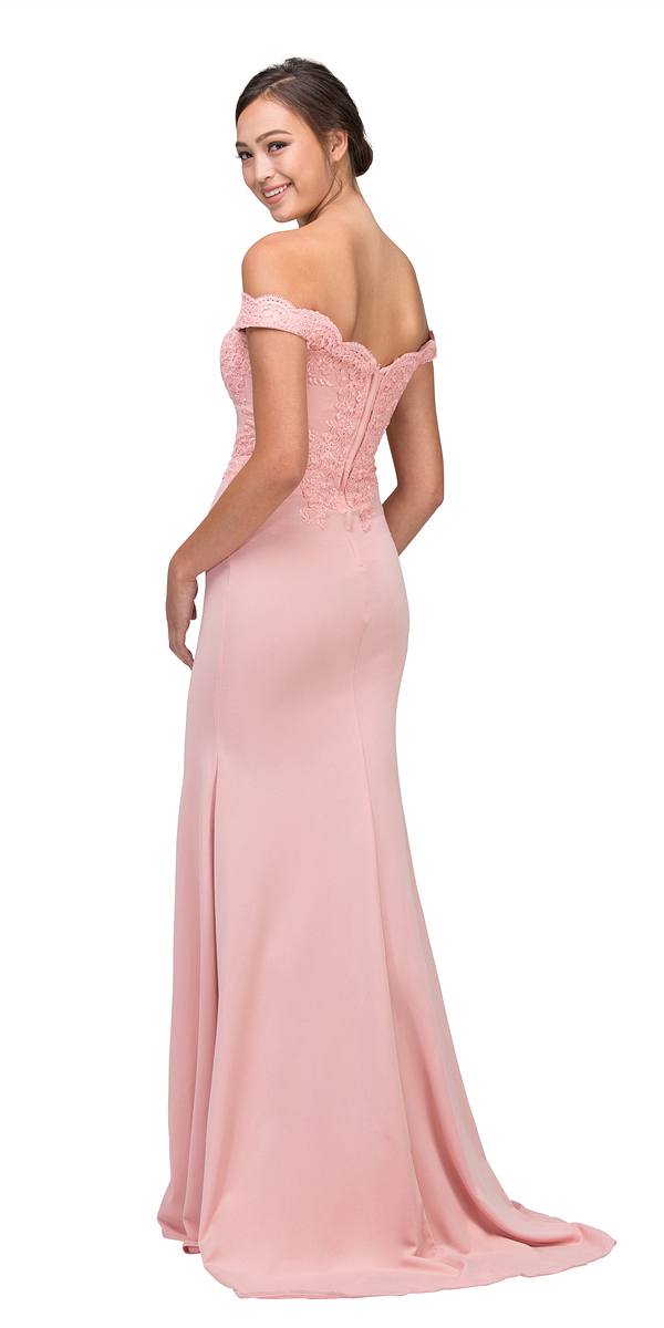 Light pink lace off-shoulder long dress, fitted bodice with flared maxi hem