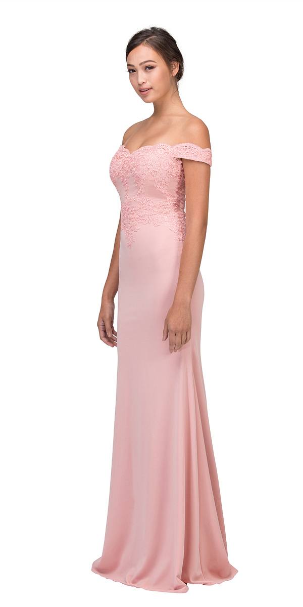 Blush pink off-shoulder long lace dress with fitted bodice and flowing skirt