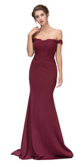 Burgundy lace appliqued off-shoulder long dress, fitted bodice with flared hem