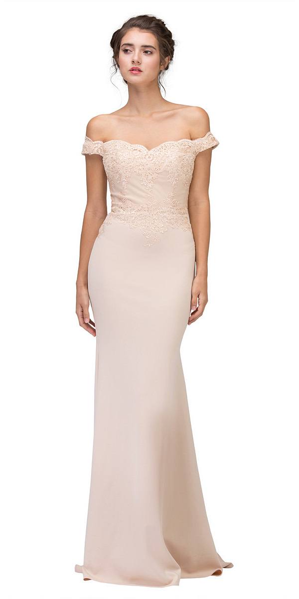 Ivory off-shoulder long lace dress with textured bodice and floor-length skirt