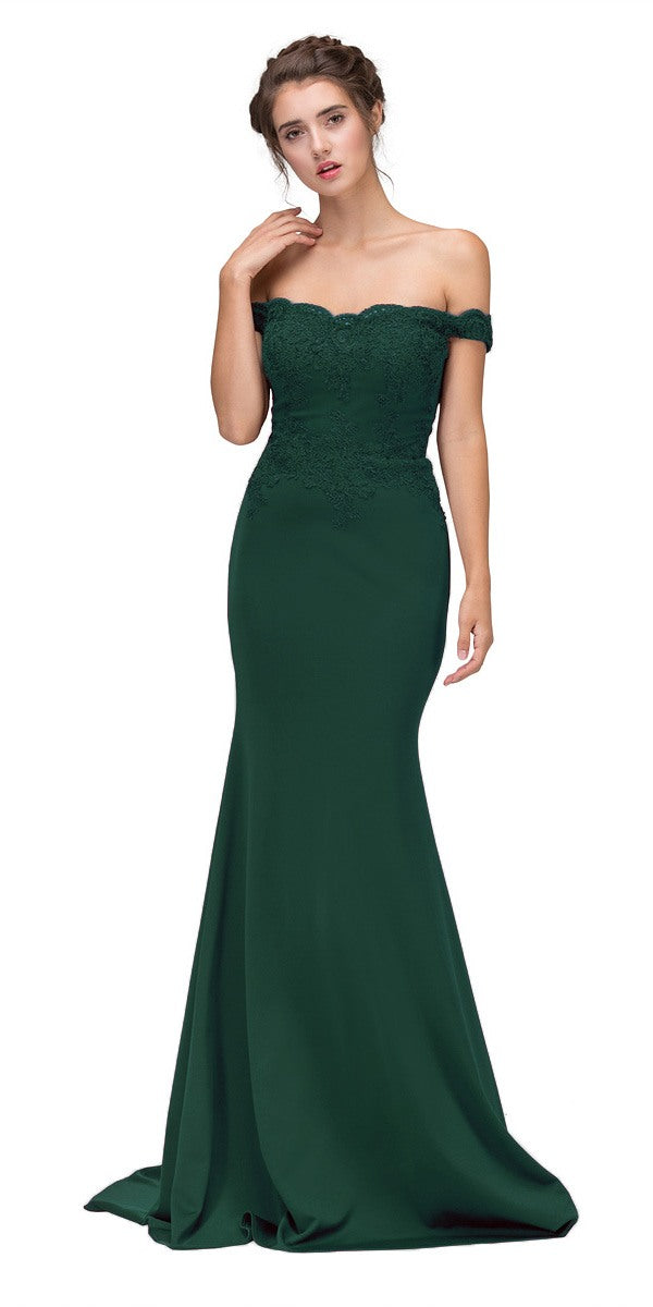 Long off-shoulder dark green lace bodice mermaid evening dress