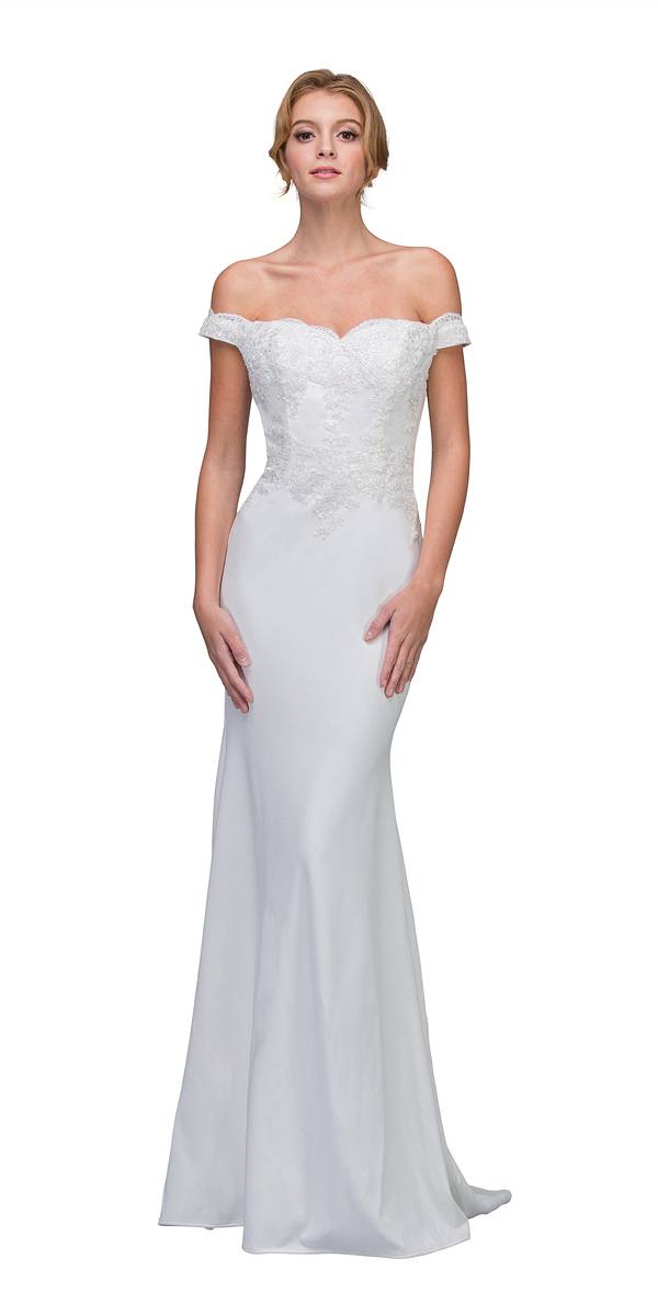 White off-shoulder long lace dress with sweetheart neckline and flared skirt