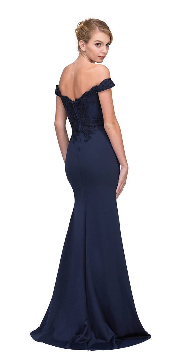 Long off-shoulder navy lace bodice fitted mermaid evening dress
