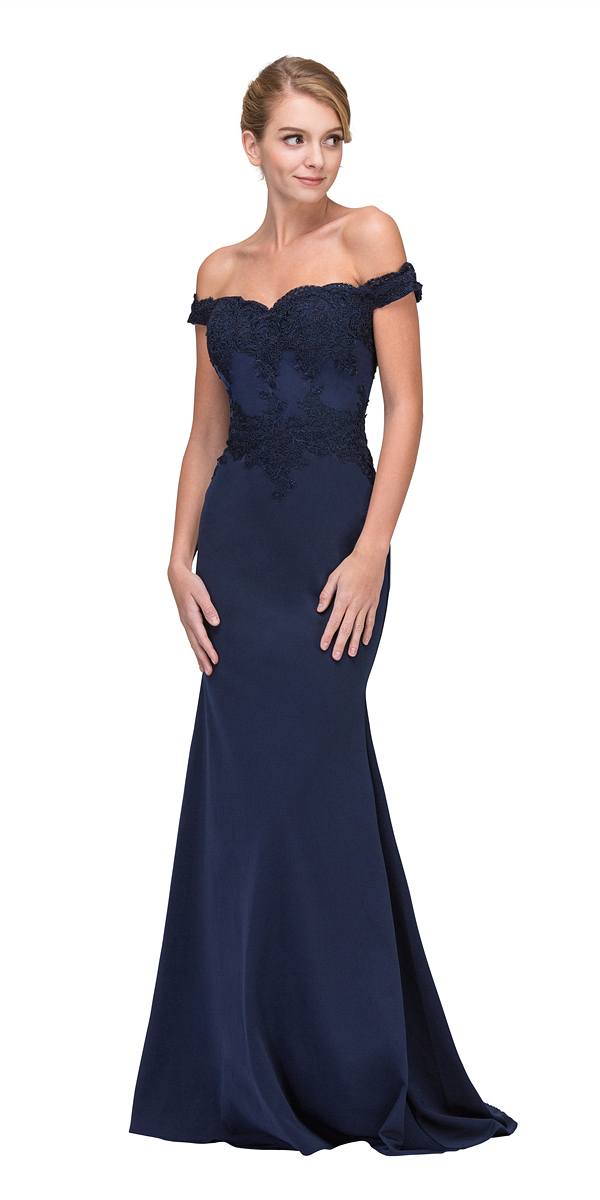 Off-shoulder long lace appliqued gown in dark navy, fitted bodice and flared skirt