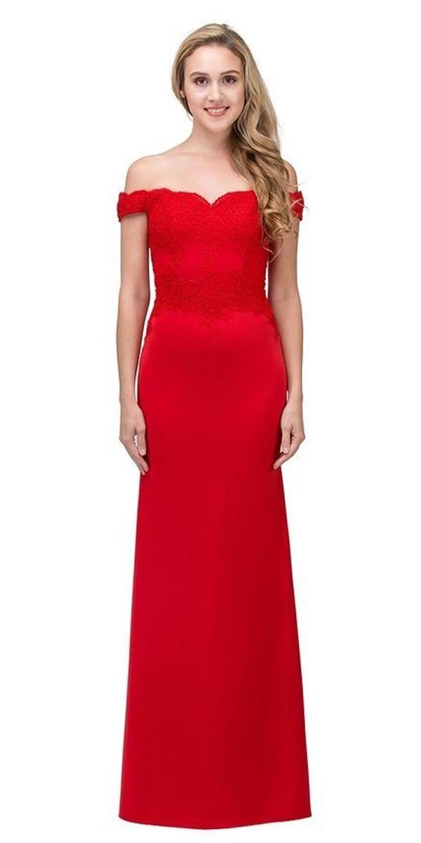 Off-shoulder long lace appliqued gown in red with fitted bodice and smooth skirt
