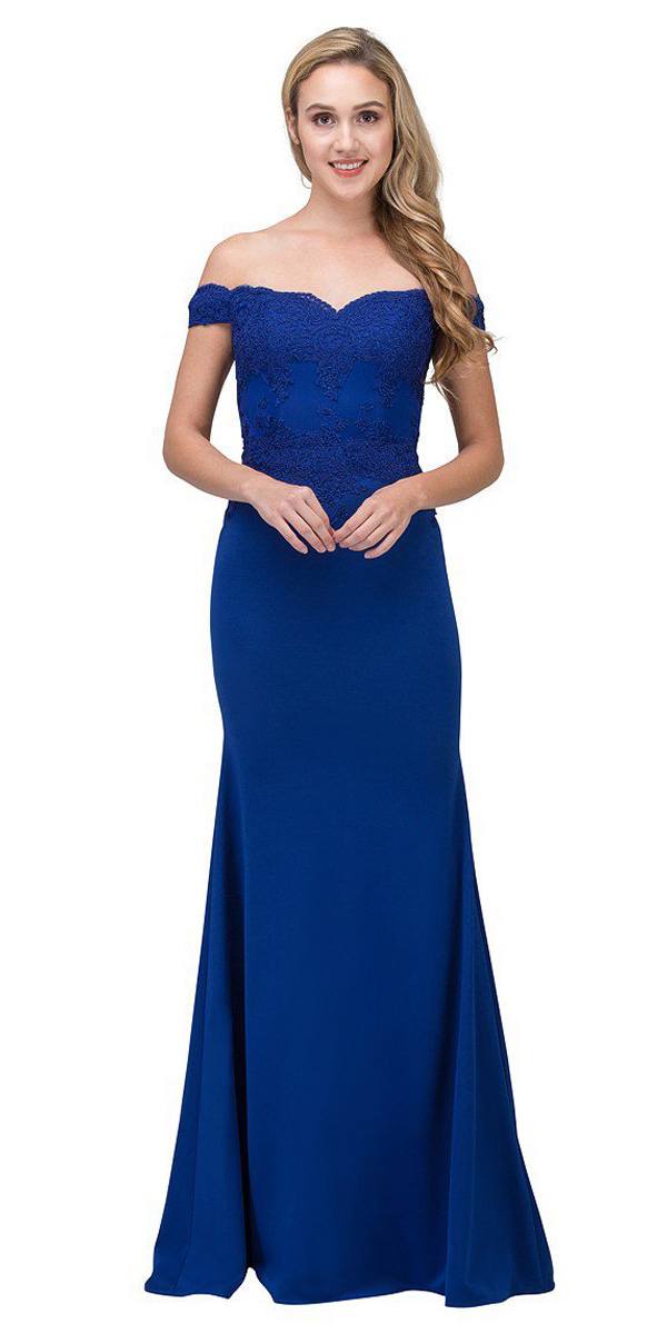 Off-shoulder long lace appliqued gown in blue, fitted bodice with textured lace