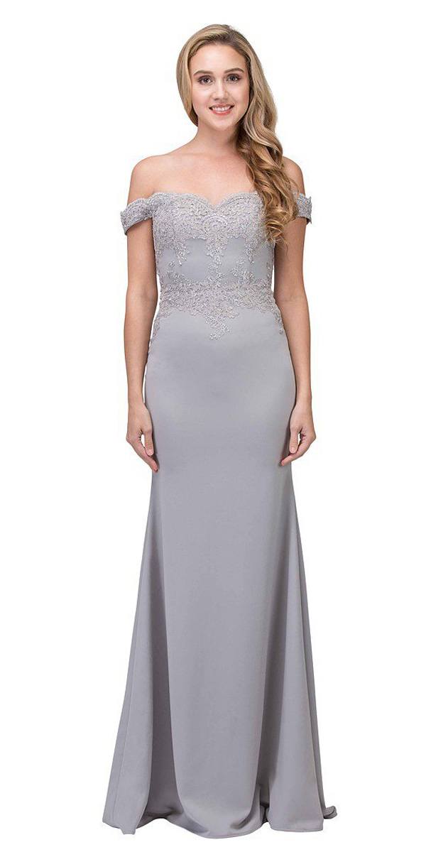 Off-shoulder long lace appliqued gown, light gray satin skirt with lace bodice