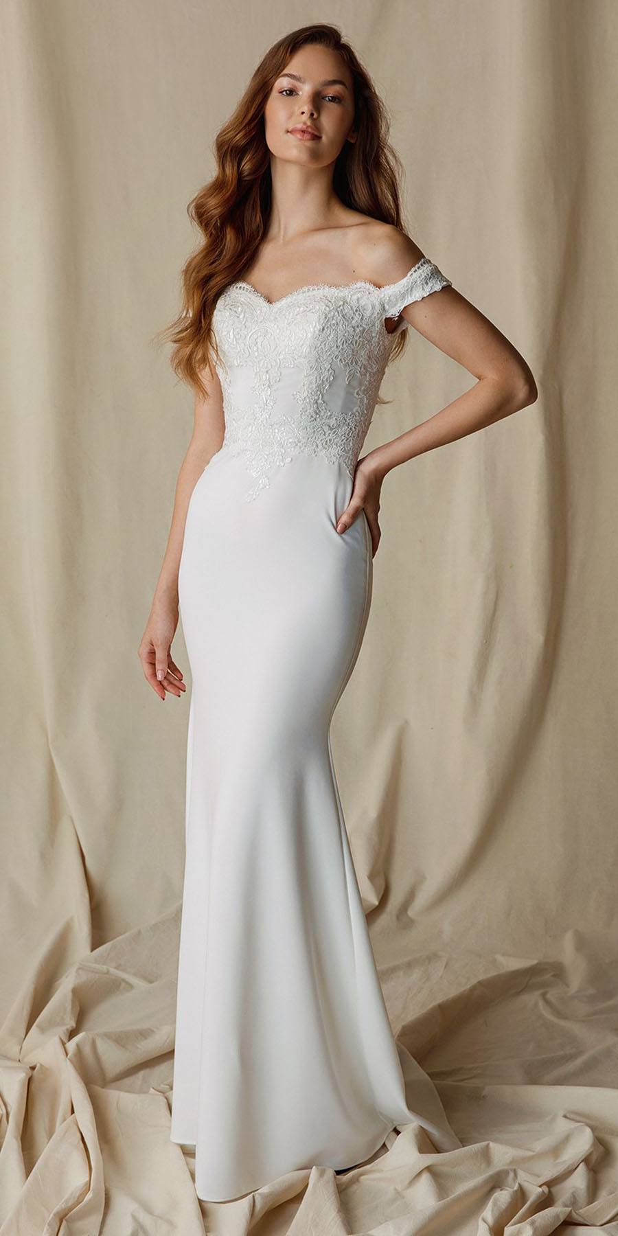 White lace appliqued off-shoulder long dress, fitted bodice with long flared skirt