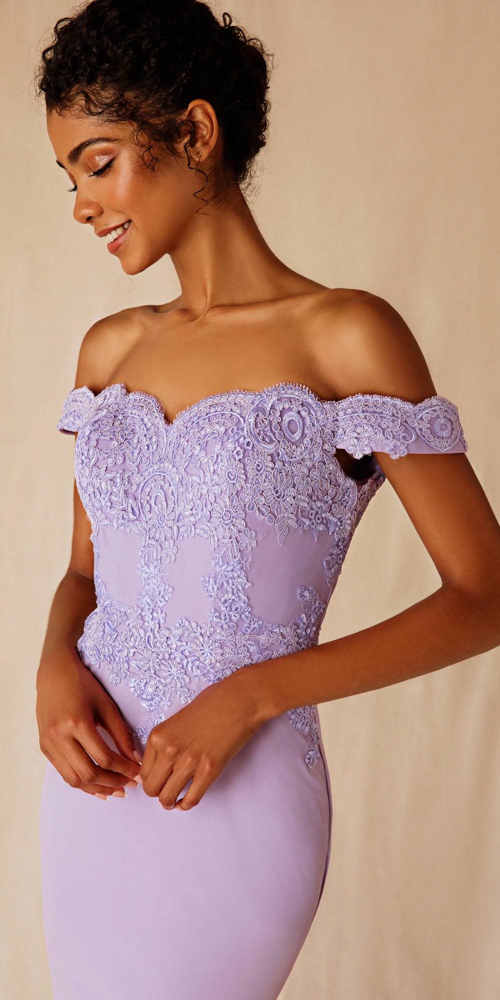 Lavender lace off-shoulder long dress with fitted bodice and flared skirt