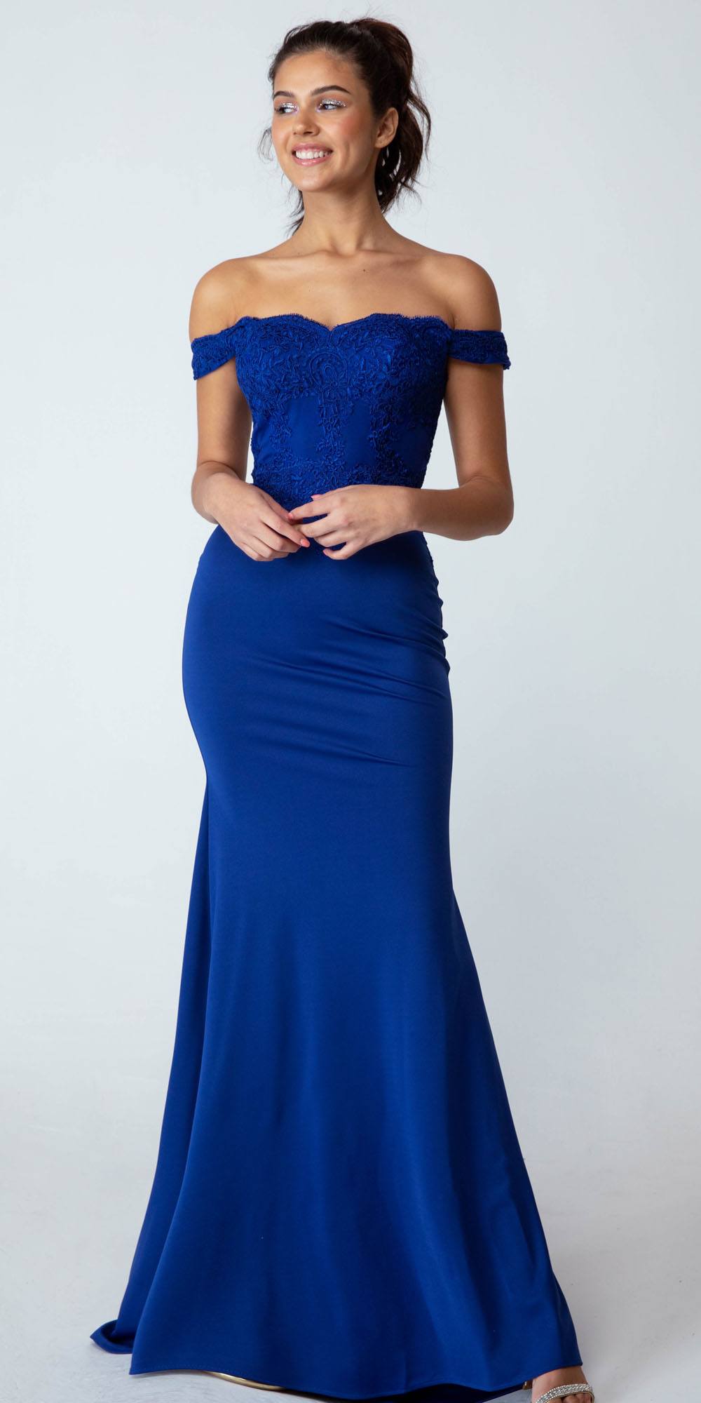 Off-shoulder long lace appliqued gown in royal blue, fitted bodice and flared hem