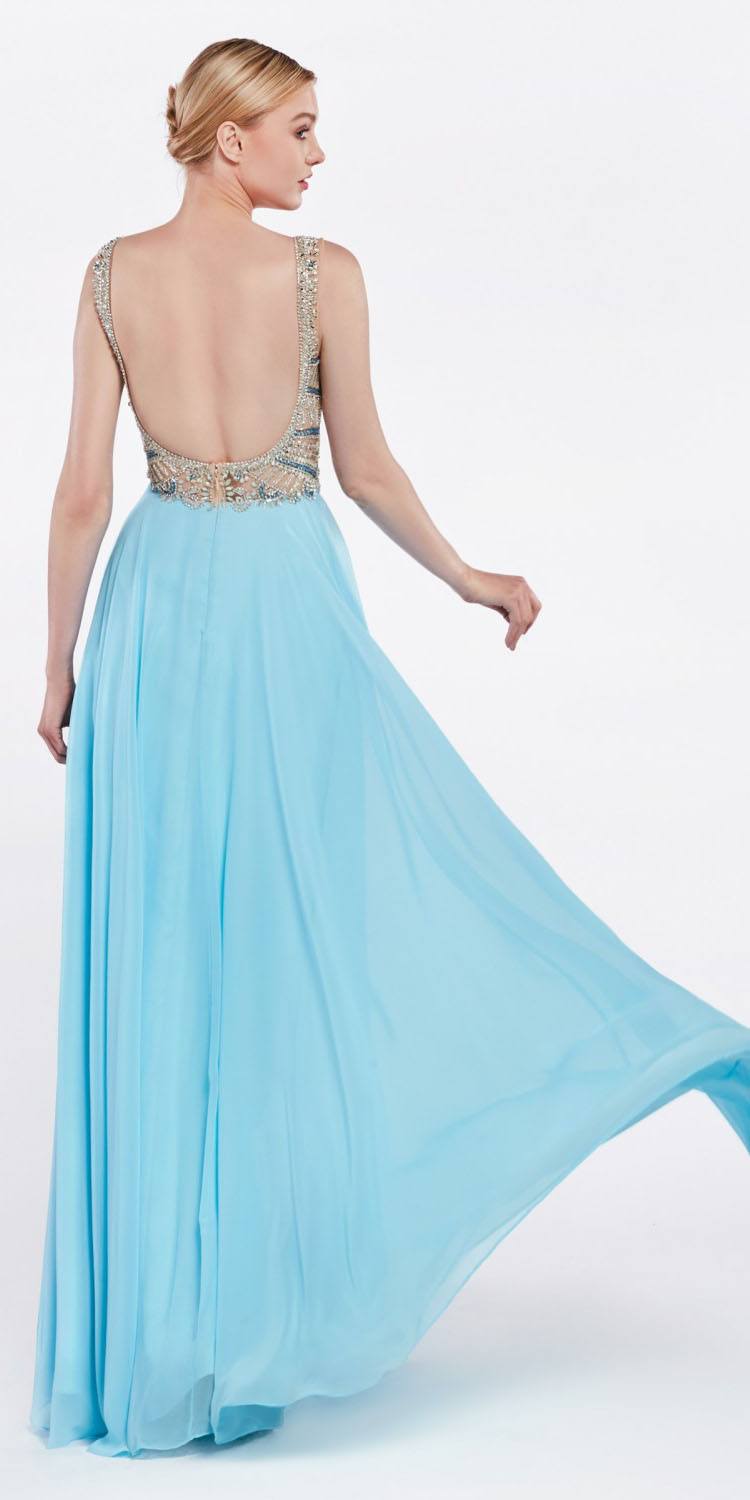 Sky blue long dress with beaded open-back bodice and flowing pleated skirt