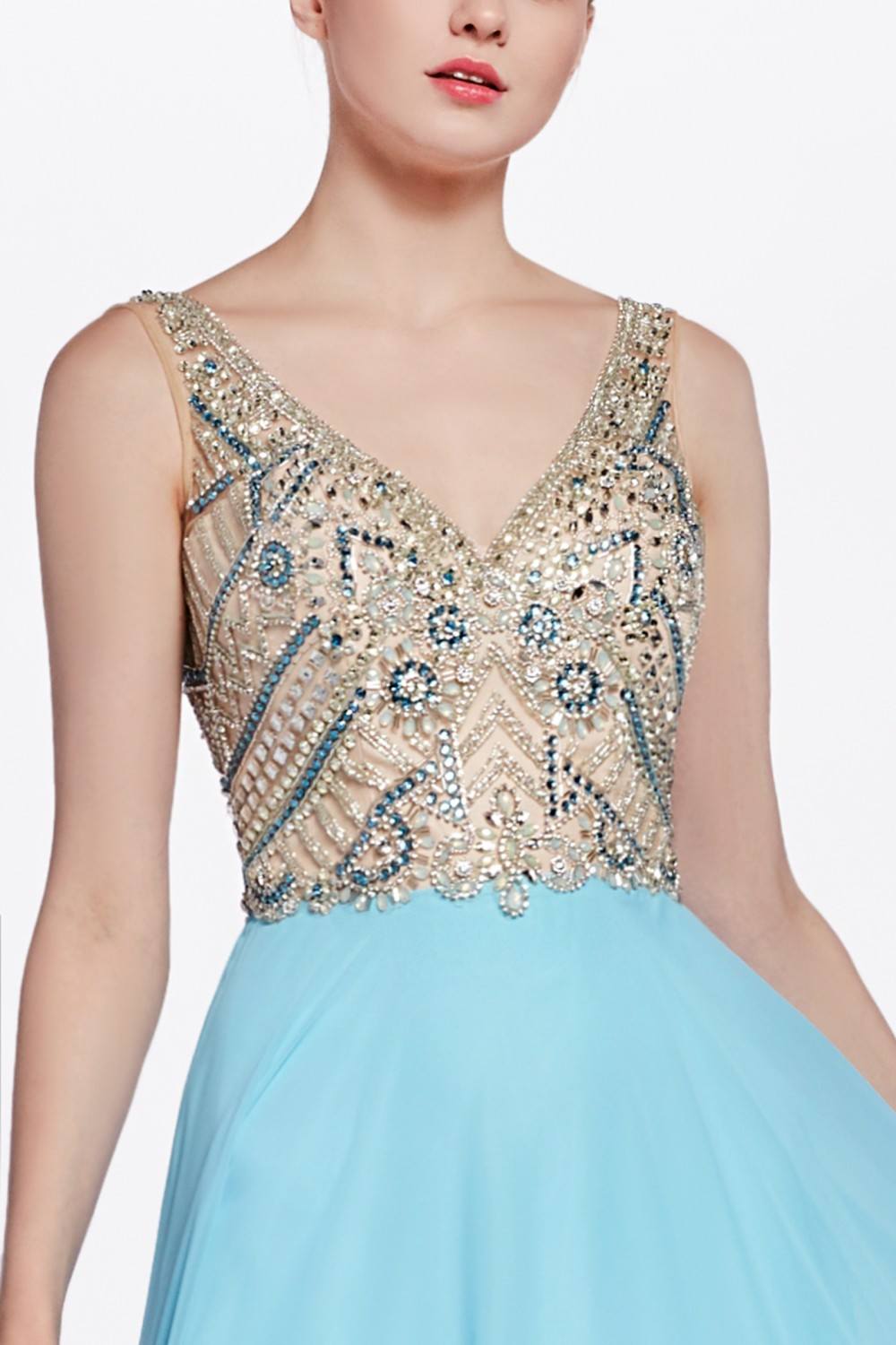 Sky blue long dress with ornate beaded V-neck bodice
