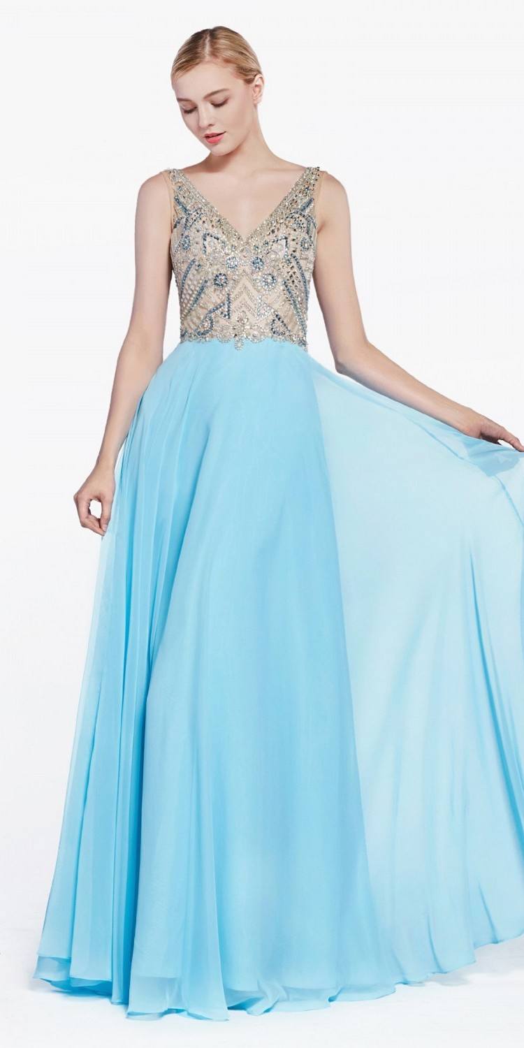 Sky blue long dress with beaded V-neck top and full pleated skirt
