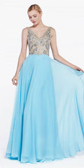 Sky blue long dress with beaded V-neck top and full pleated skirt