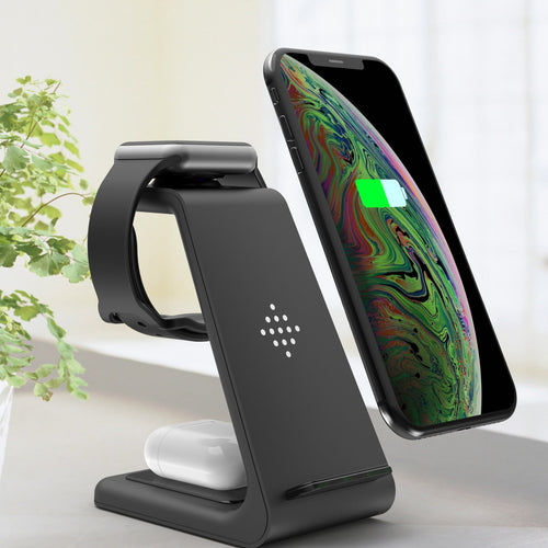 Black wireless charging stand with phone holder, 3-in-1 fast charging dock