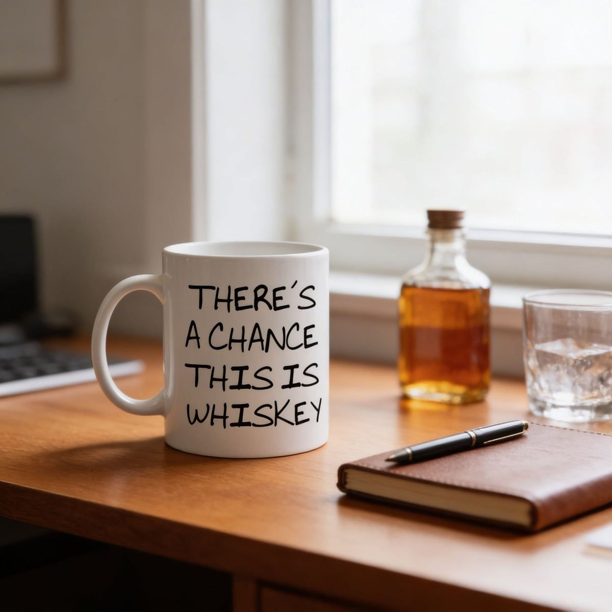 White whiskey mug with black quote: “THERE'S A CHANCE THIS IS WHISKEY”