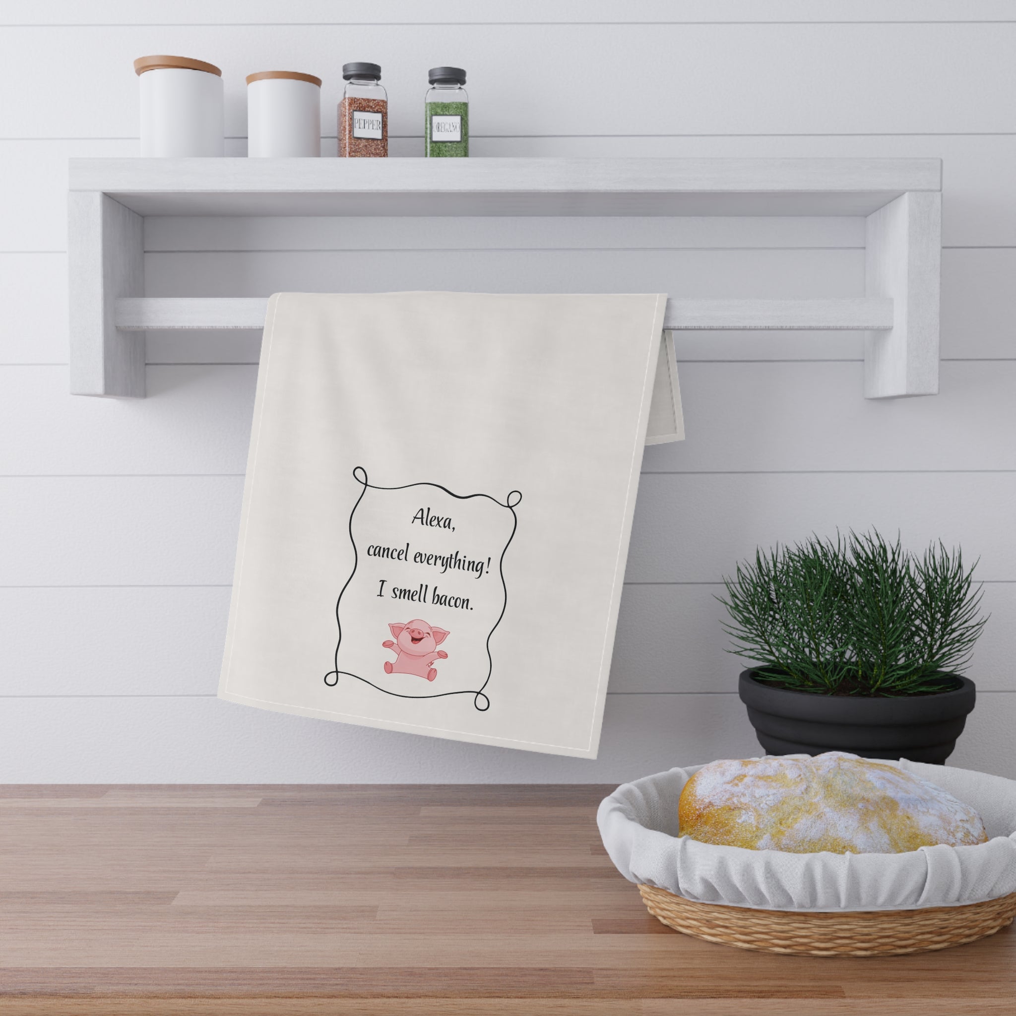 Funny kitchen tea towel for Bacon Lovers "Alexa, cancel everything! I smell bacon" housewarming gift, bachelor, white elephant, birthday gift