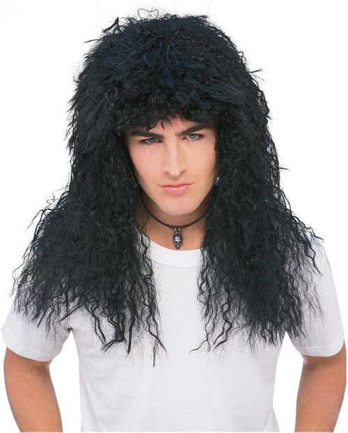 80s new wave costume wig, long black curly hair with full bangs