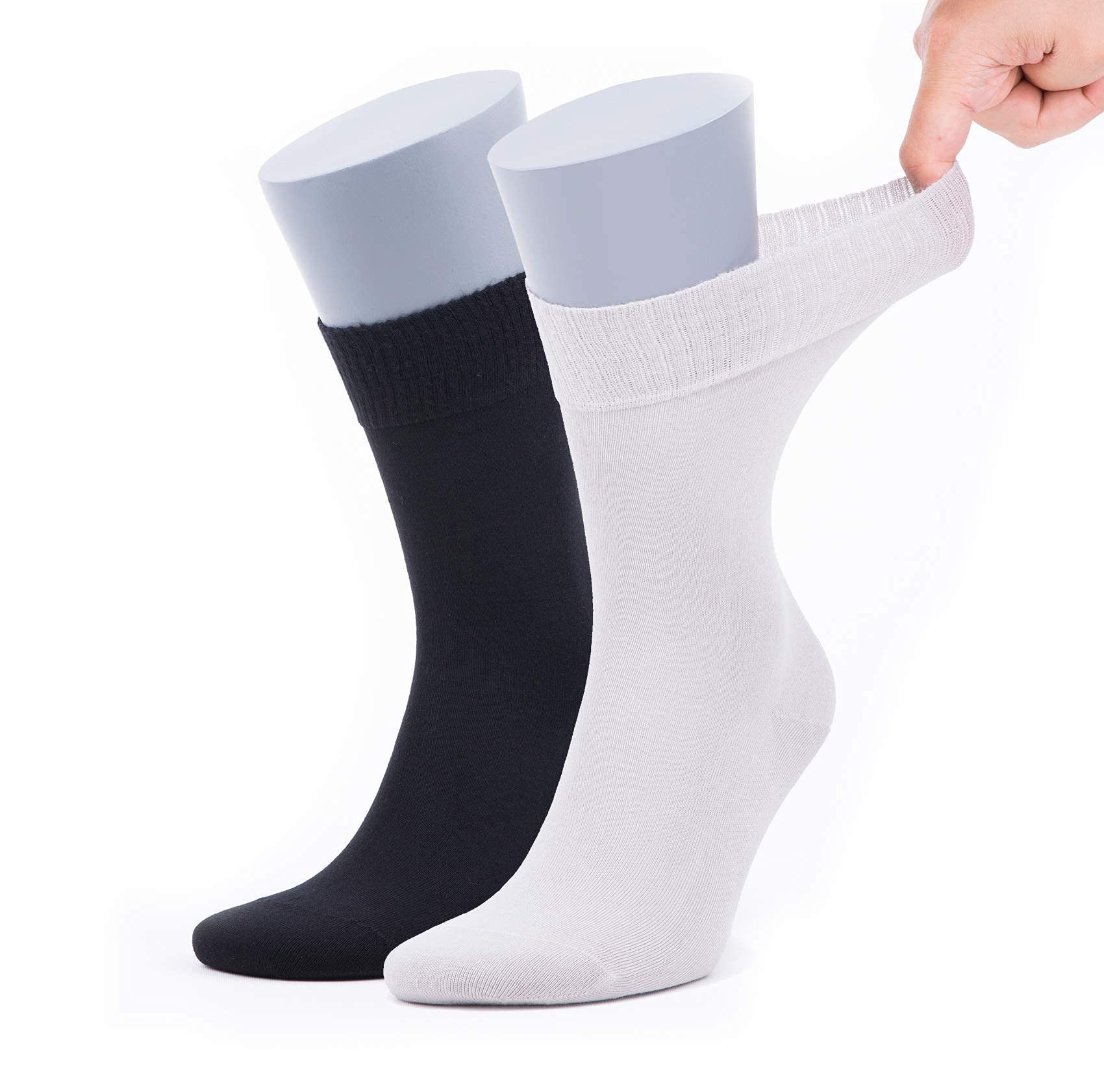 Pair of ultra-thin men’s diabetic socks, off-white and dark navy, crew height