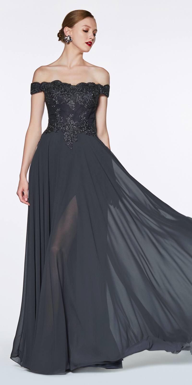 Off-shoulder dark gray long dress with lace bodice and flowing chiffon skirt
