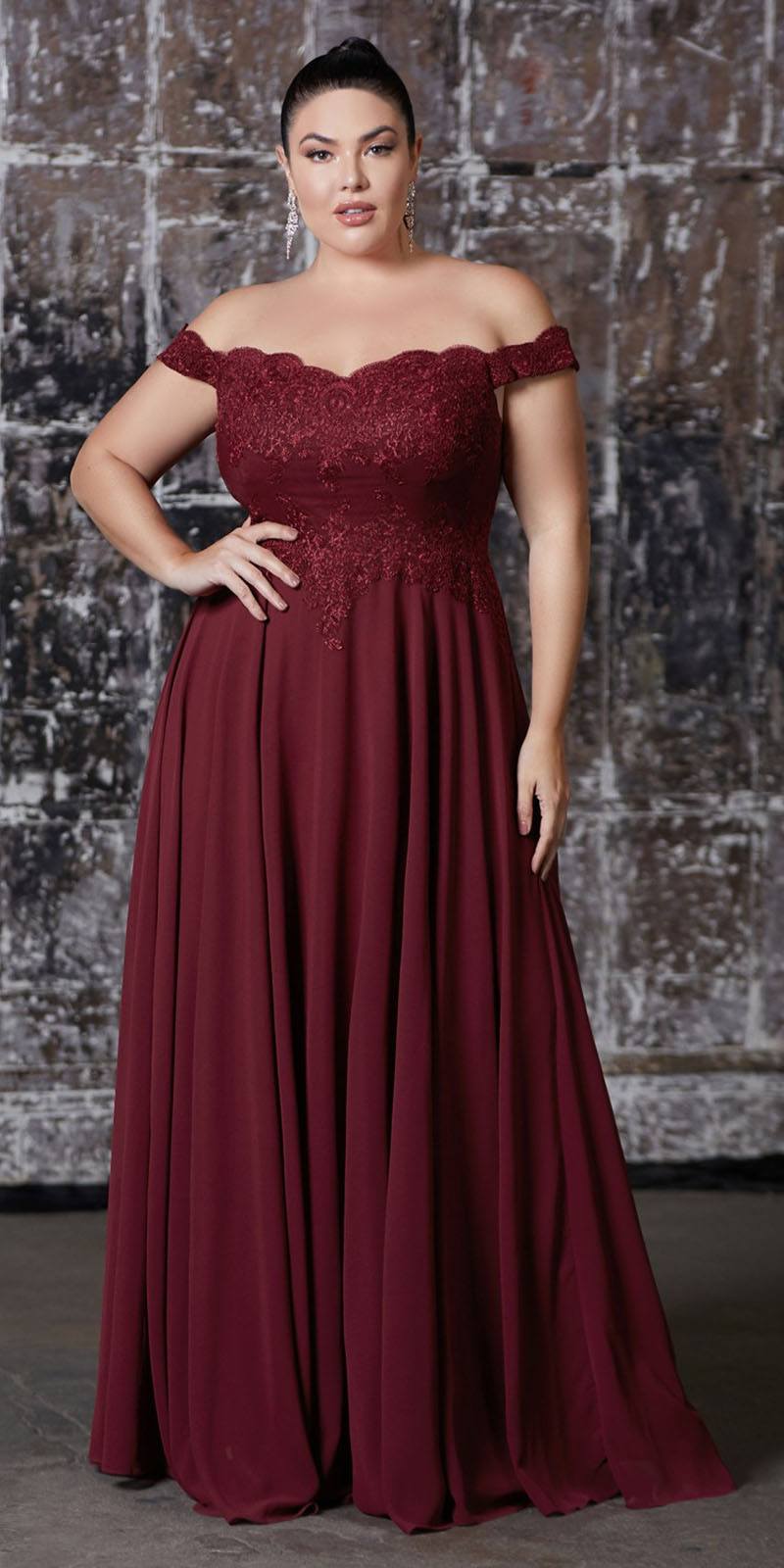 Deep burgundy off-shoulder long evening gown with lace neckline and fitted bodice