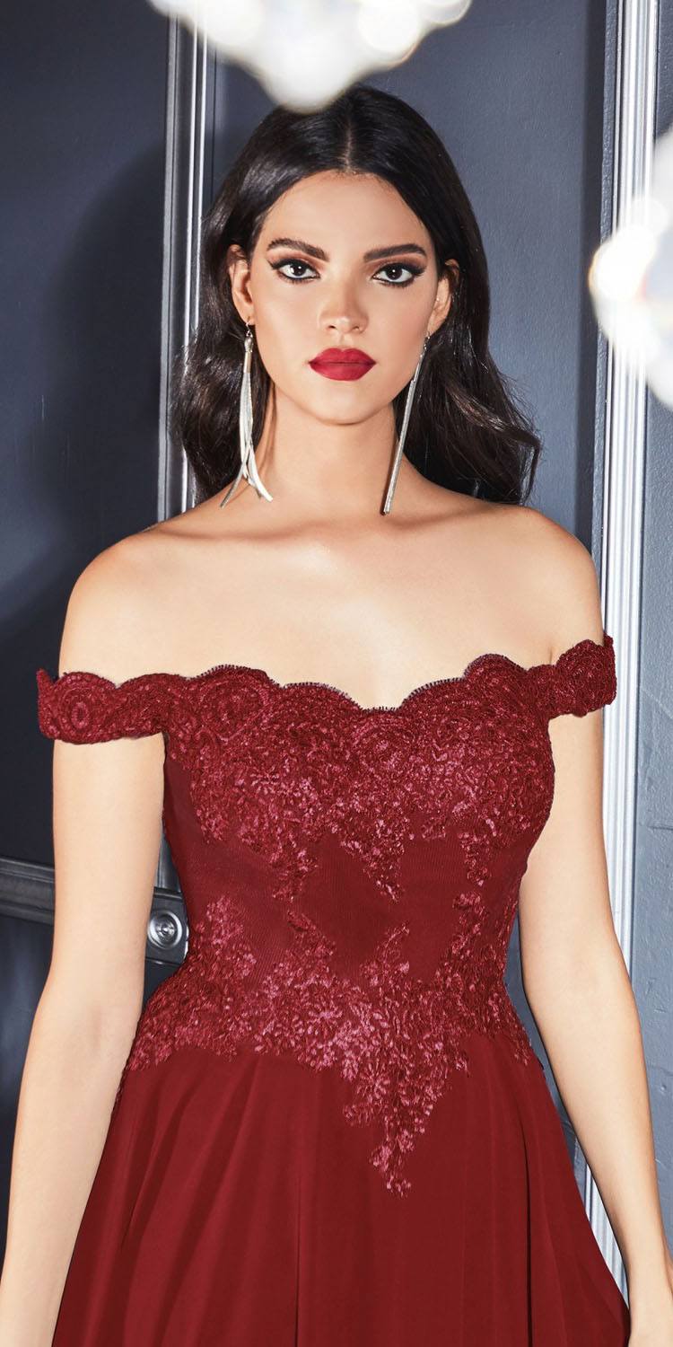 Off-shoulder burgundy sequin long dress with scalloped neckline