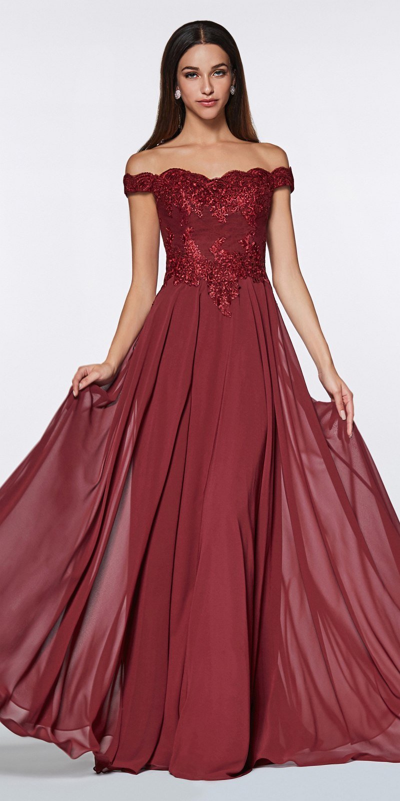Off-shoulder burgundy tulle long dress with fitted bodice and flared skirt