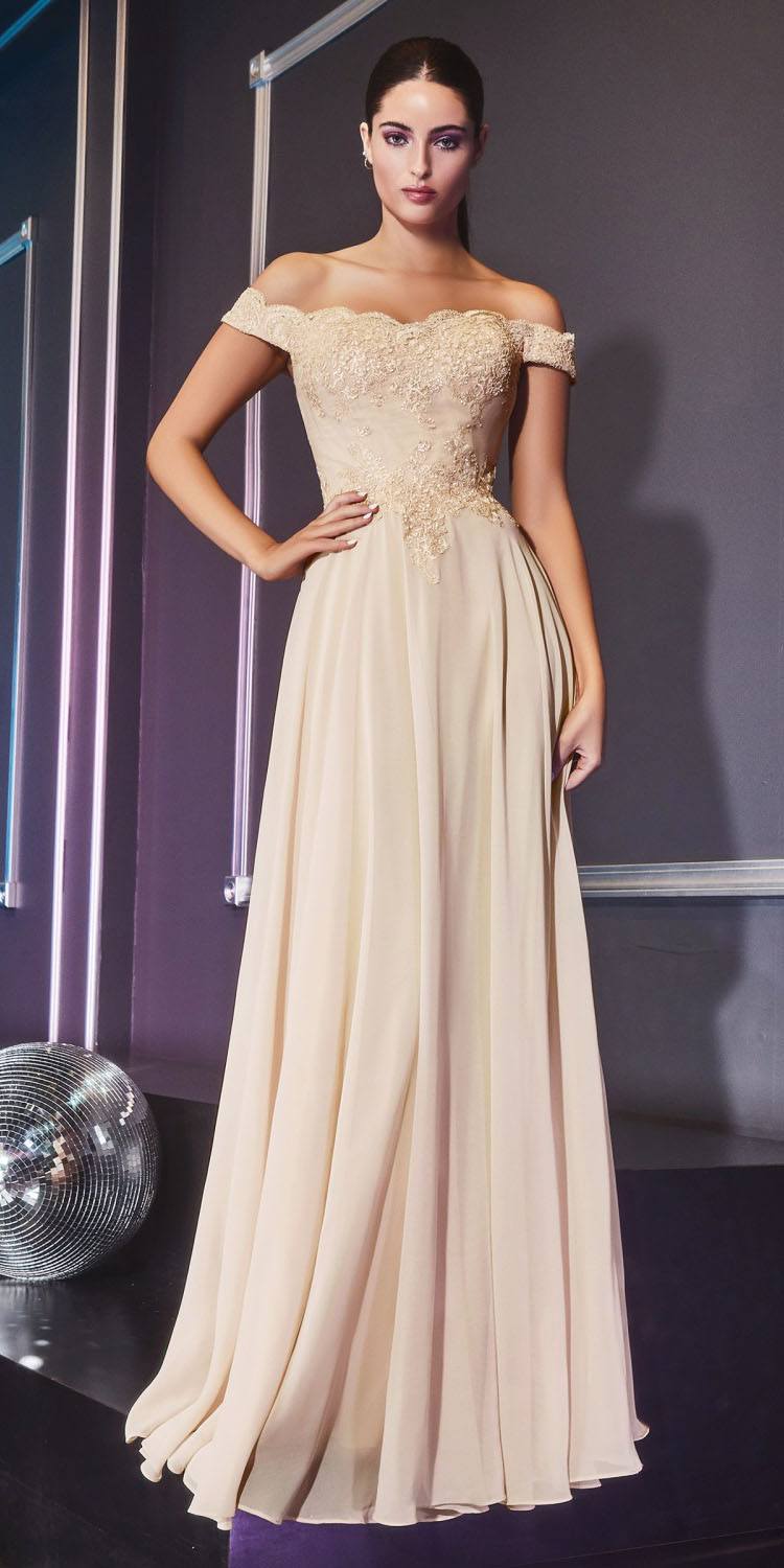 Off-white off-shoulder long evening gown with lace beaded bodice and full skirt