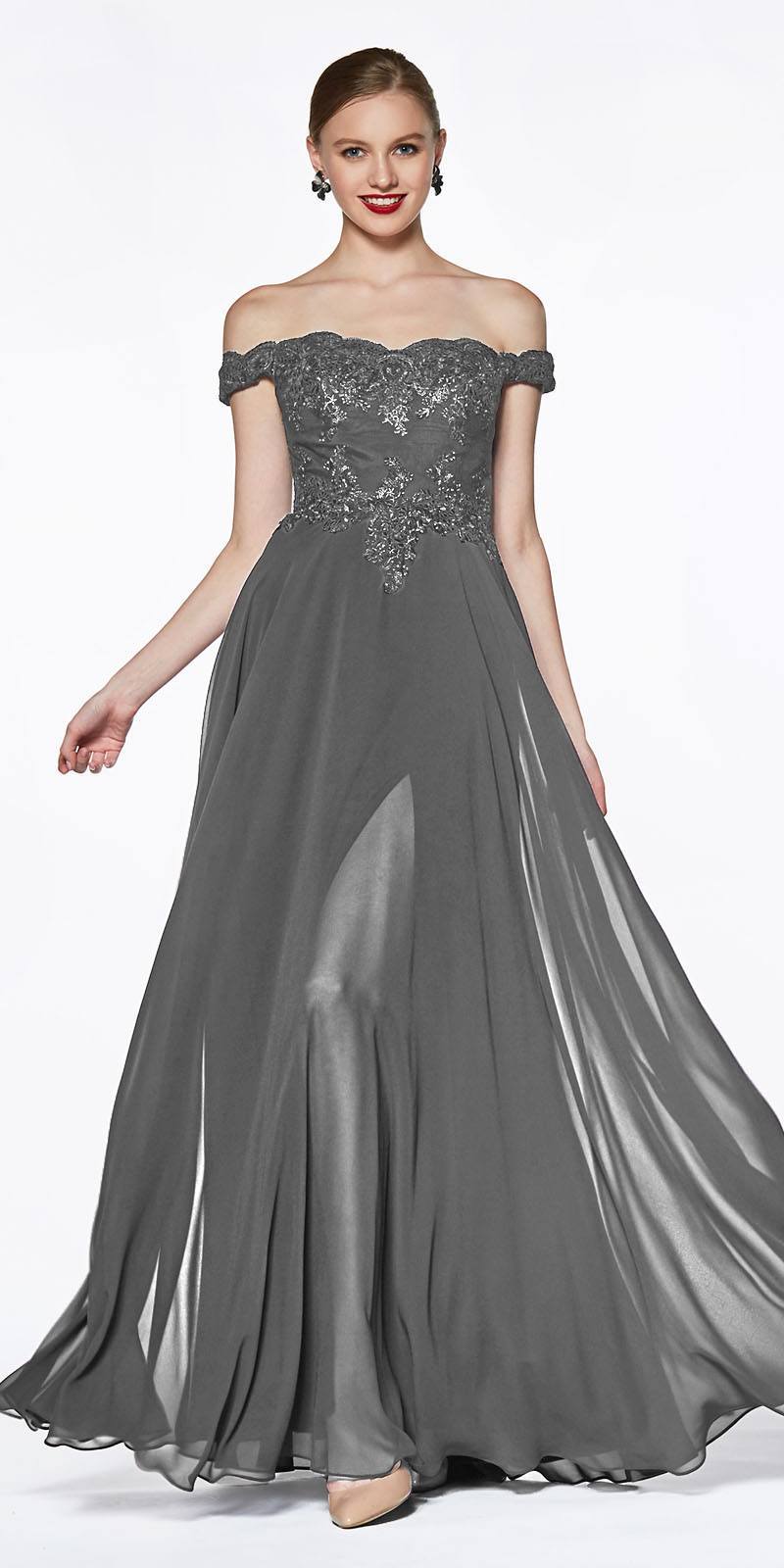Off-shoulder dark gray lace long dress with layered full skirt