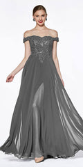 Off-the-shoulder long gown with dark gray lace bodice and full flowing chiffon skirt