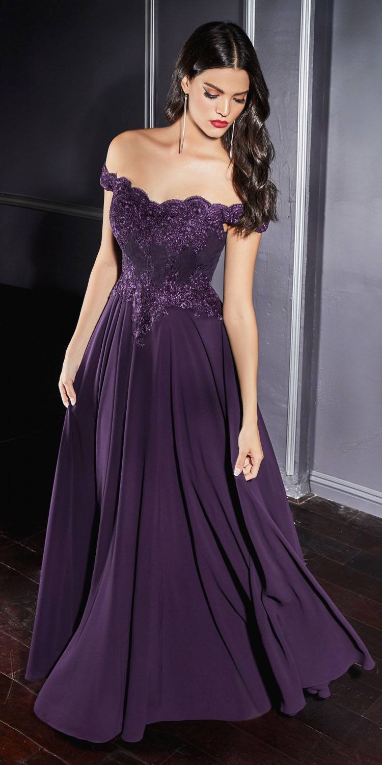 Off-the-shoulder long gown in deep purple with lace bodice and gathered skirt