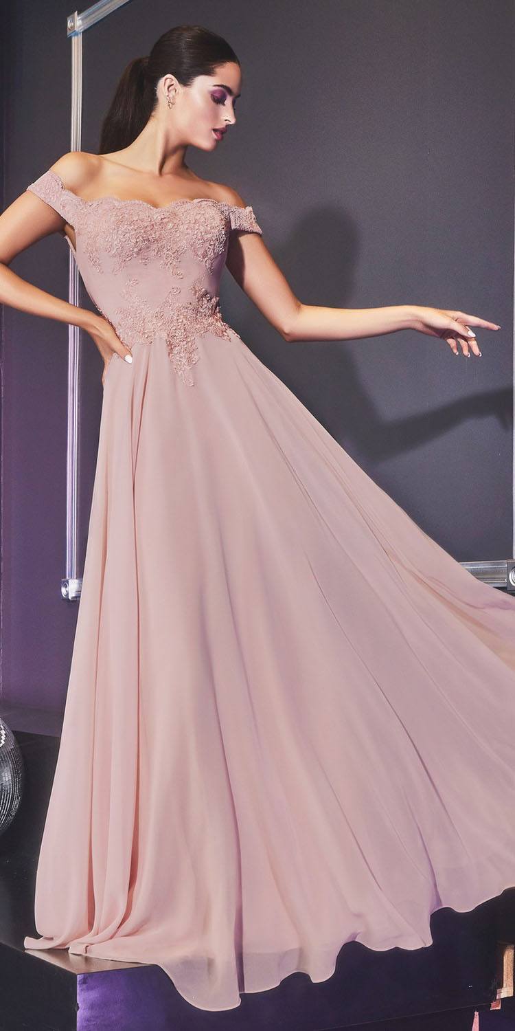 Off-the-shoulder long gown with lace bodice and flowing chiffon skirt in light beige