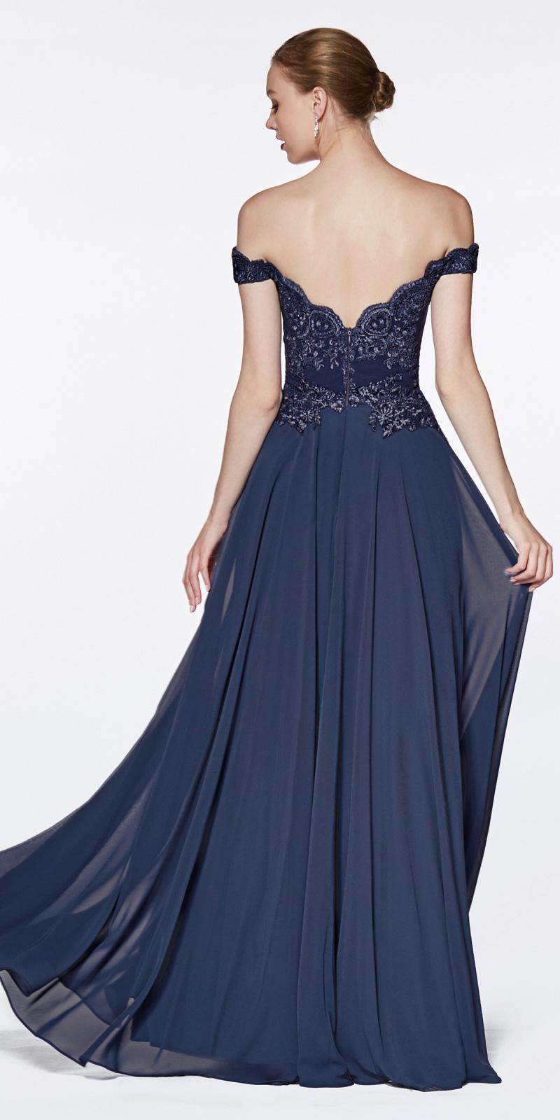 Off-shoulder long gown in deep navy with lace back yoke and A-line skirt