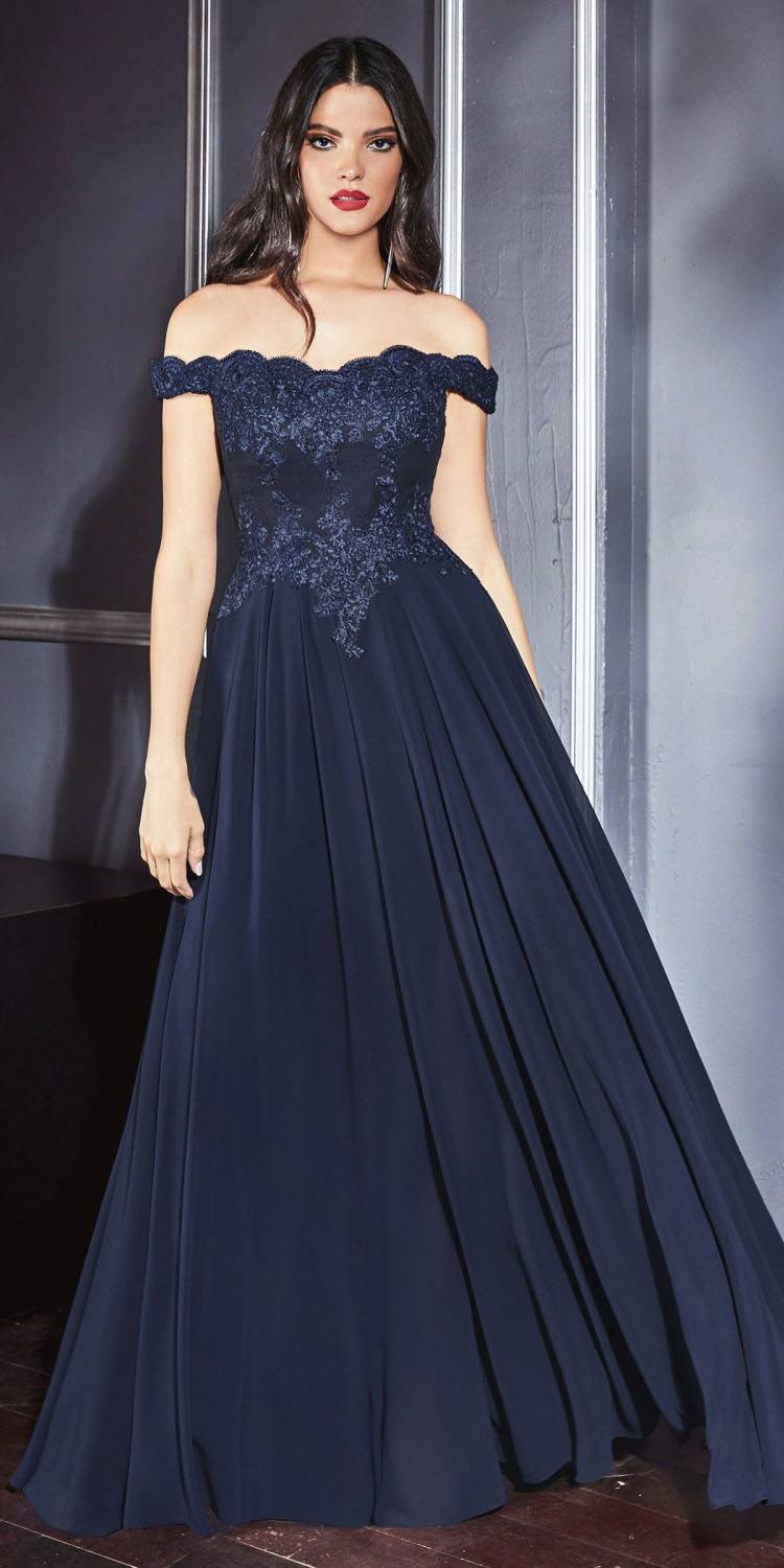 Off-shoulder long gown in deep navy with lace bodice and pleated full skirt