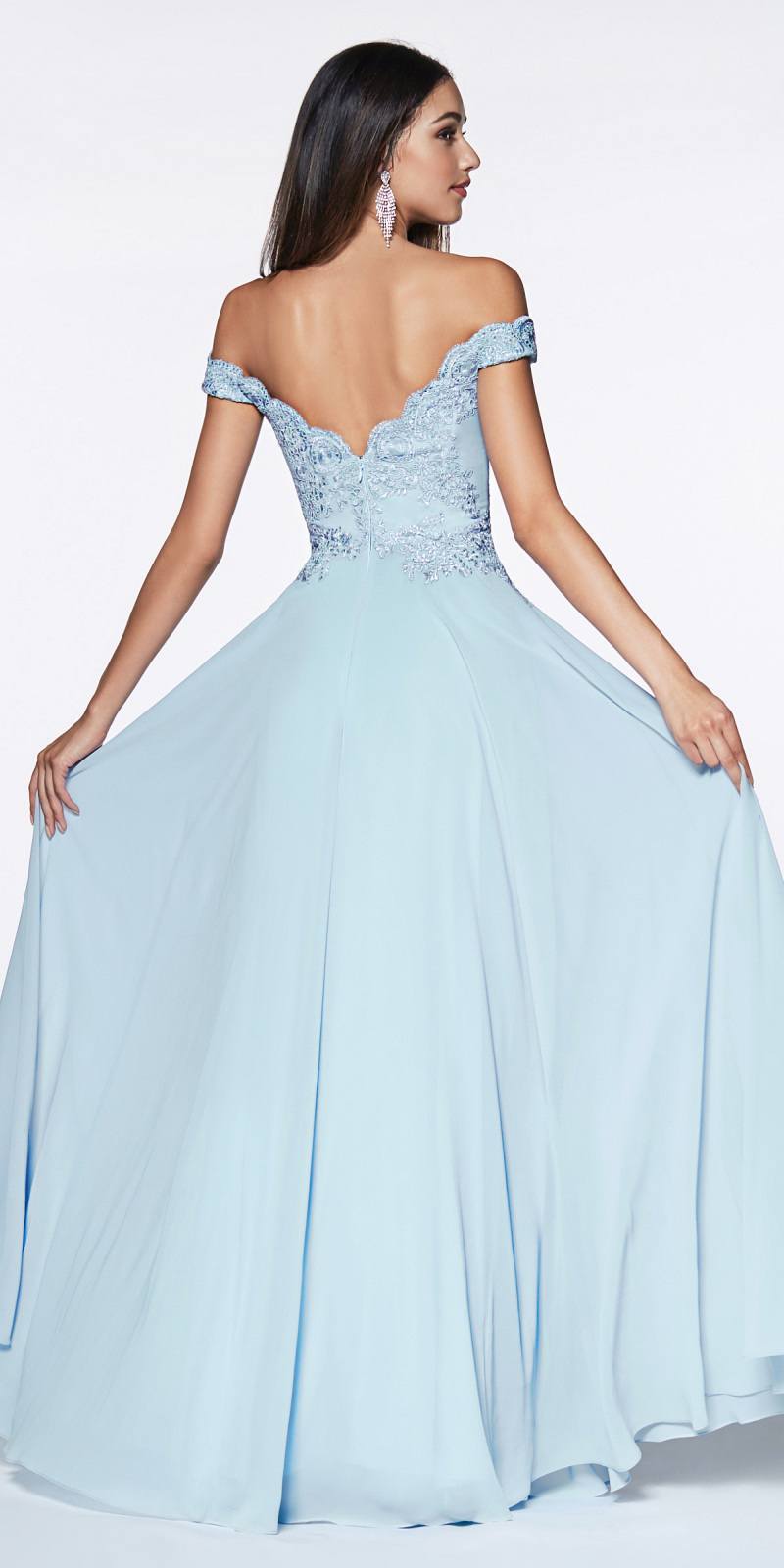 Off-shoulder long gown in light blue with lace back yoke and flared skirt