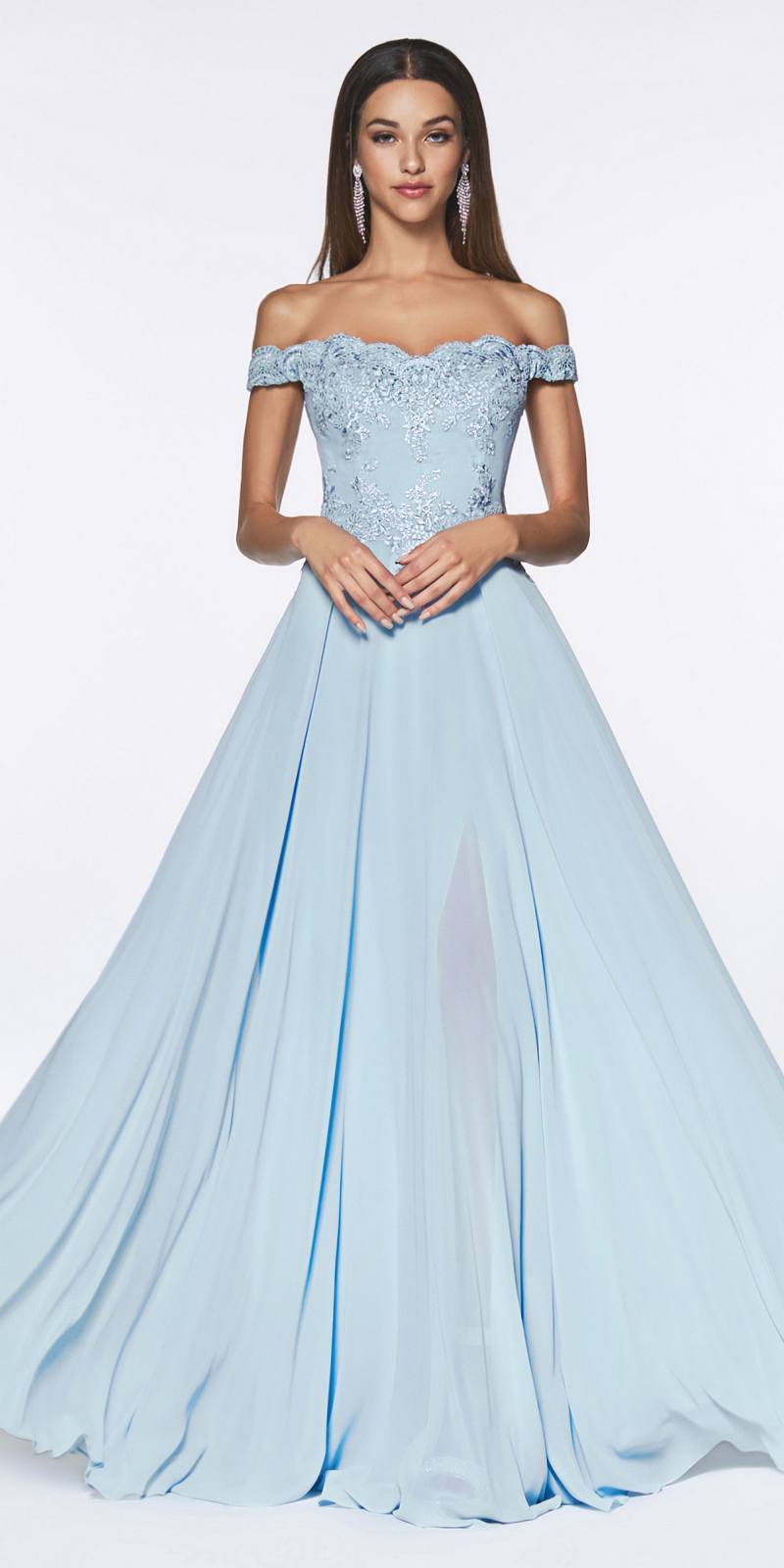 Off-shoulder long gown in light blue, lace bodice with flowing gathered skirt