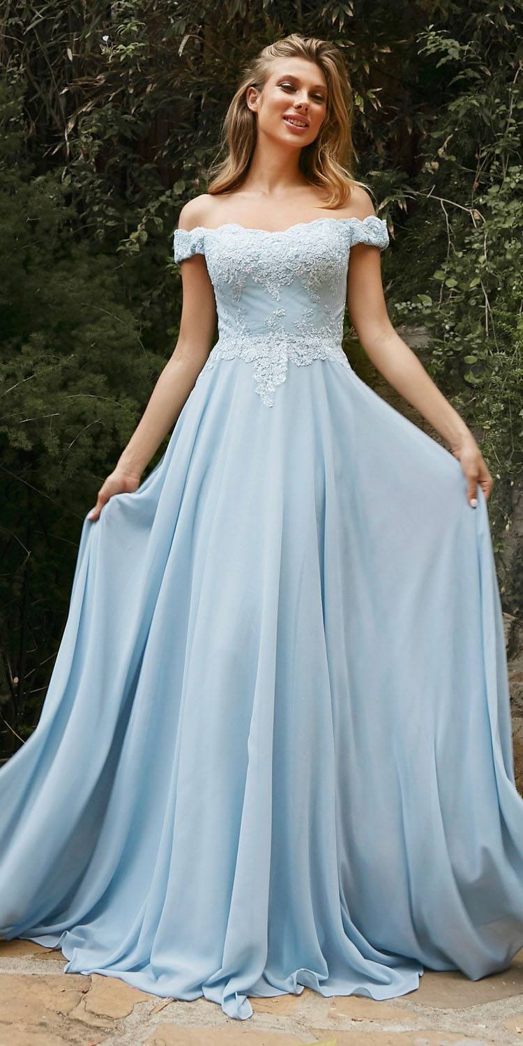 Off-shoulder long gown in light blue with short puff sleeves and fitted bodice