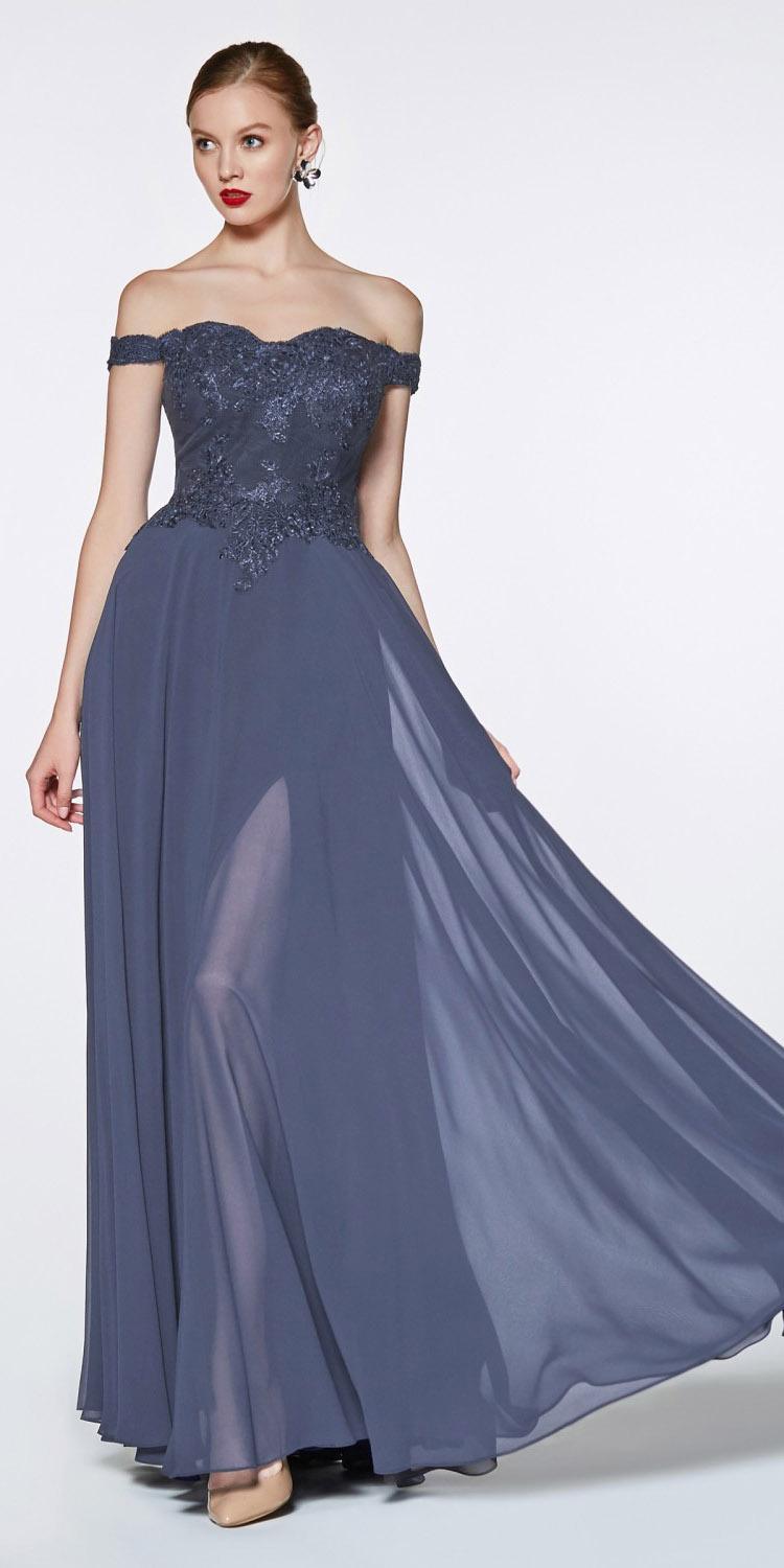 Off-shoulder long gown in charcoal with lace corset bodice and full chiffon skirt