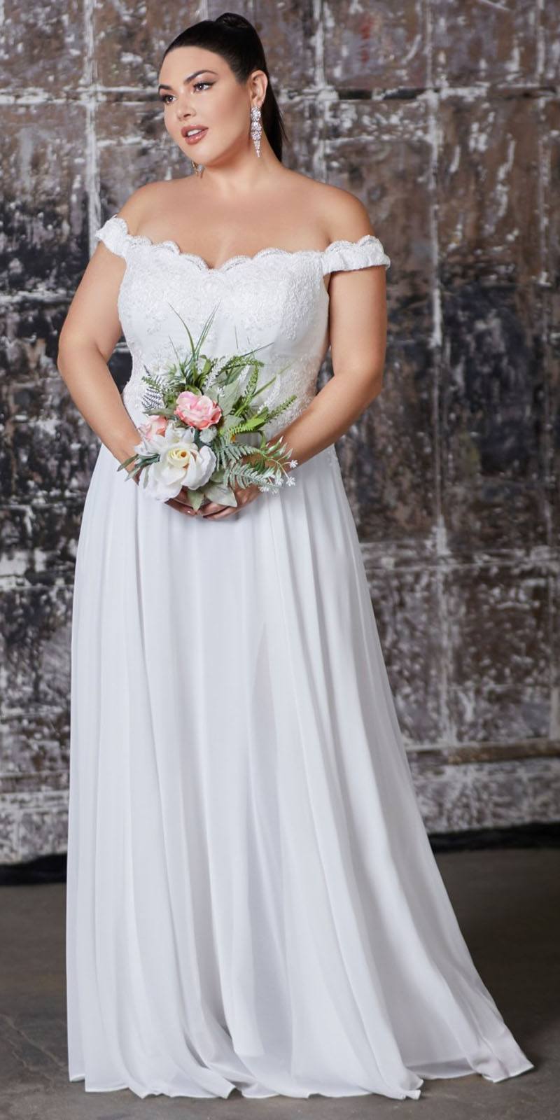 Off-shoulder off-white lace long gown with bouquet, full skirt silhouette