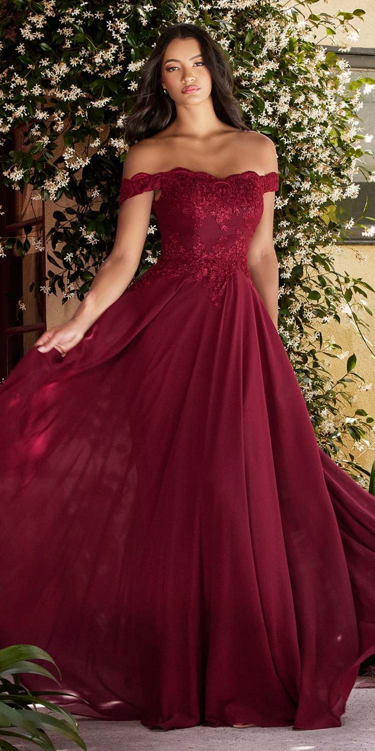 Off-the-shoulder long gown with dark red off-shoulder bodice and full flowing skirt