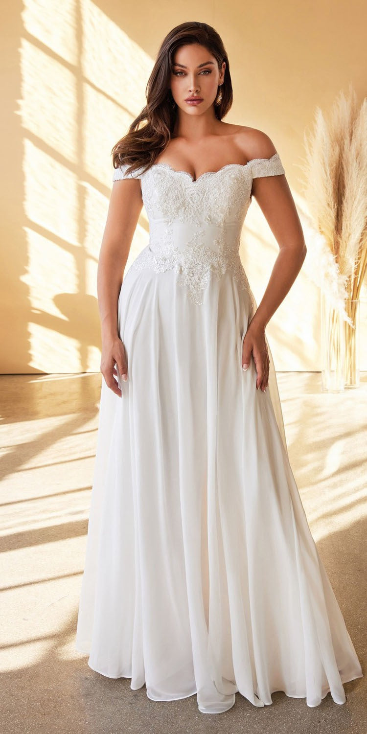 Off-shoulder off-white lace long gown with fitted bodice and flowing skirt