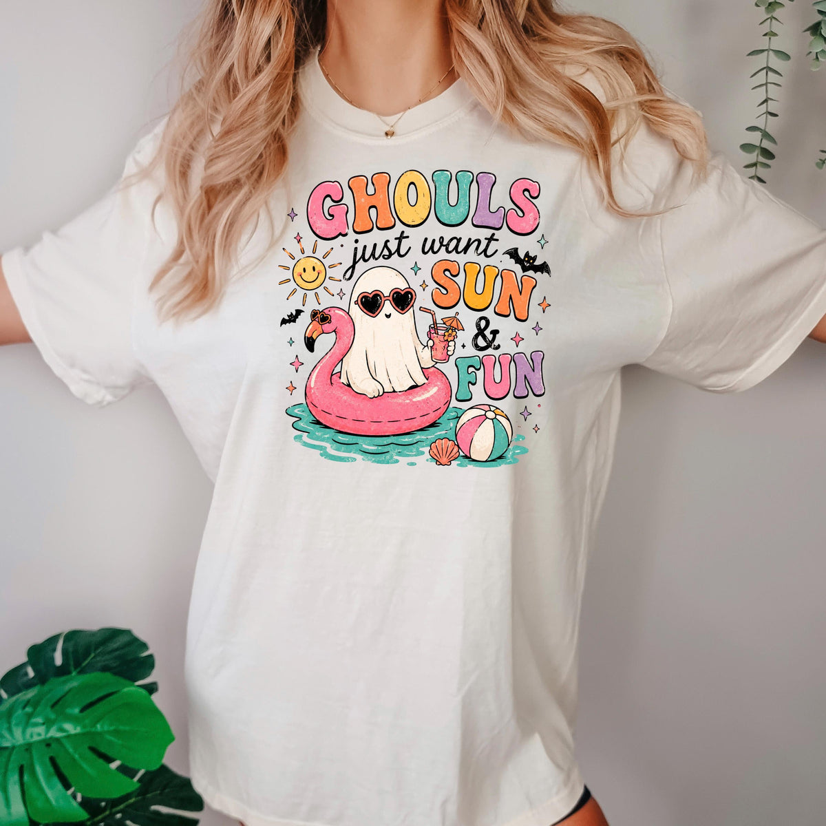 White crew-neck T-shirt with “GHOULS just want SUN & FUN” graphic