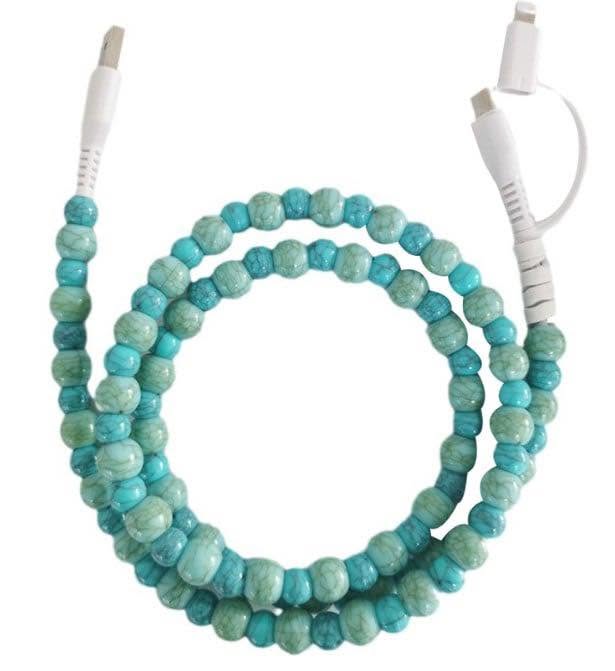 Beaded 4-in-1 charging cable with turquoise teal bead strands and white connectors