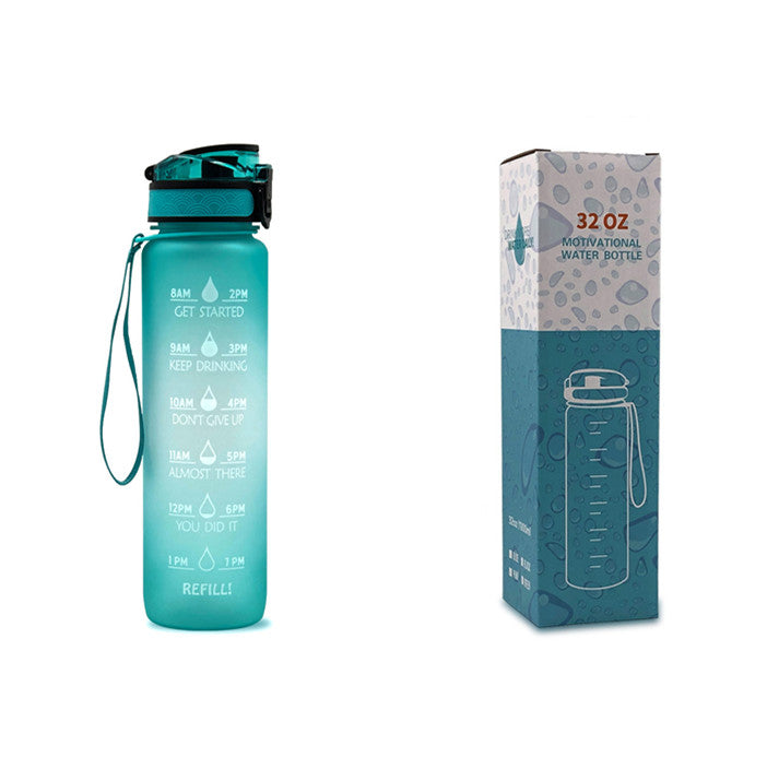 Teal water bottle with black lid and wrist strap, paired with “32 OZ” product box
