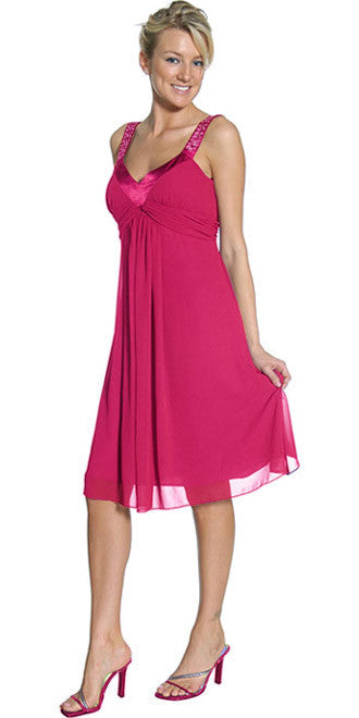 Fuchsia chiffon knee-length dress with rhinestone-trim straps and V-neck ruching