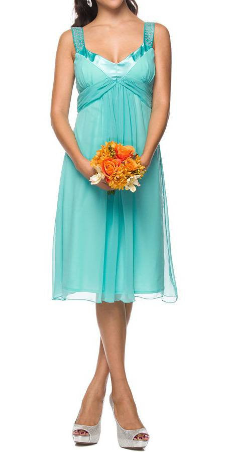 Aqua chiffon knee-length dress with rhinestone-trim straps and V-neck ruching