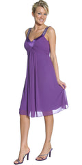 Purple chiffon knee-length dress with rhinestone-trim straps and gathered bodice