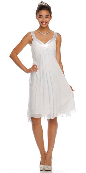 White chiffon knee-length dress with rhinestone-trim straps and V-neck ruching