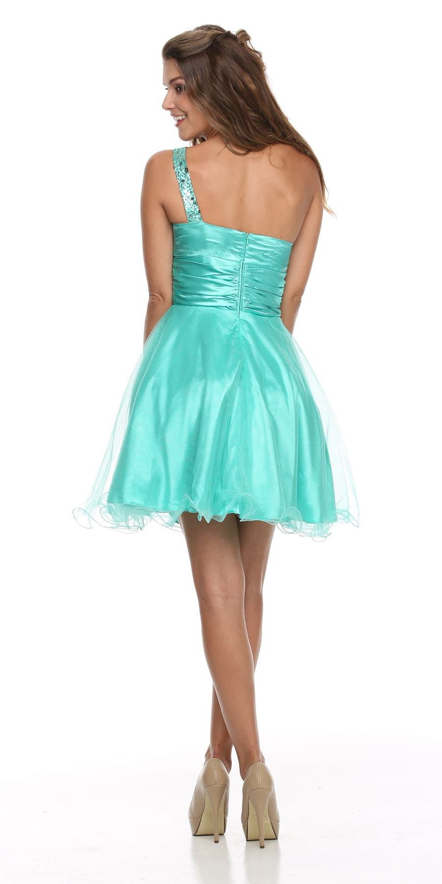 Teal one-shoulder short sequin dress, side/back view, with tulle flared skirt